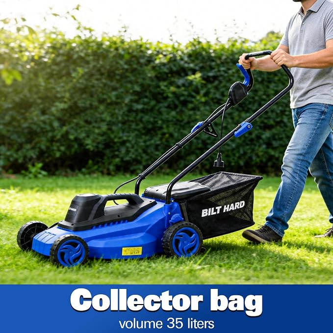 BILT HARD 15" Corded Electric Lawn Mower, 11A Motor 3300RPM Push Mower with 35L Grass Bag, 5 Height Adjustments (1"-3"), Lightweight & Foldable Handle for Small Yards