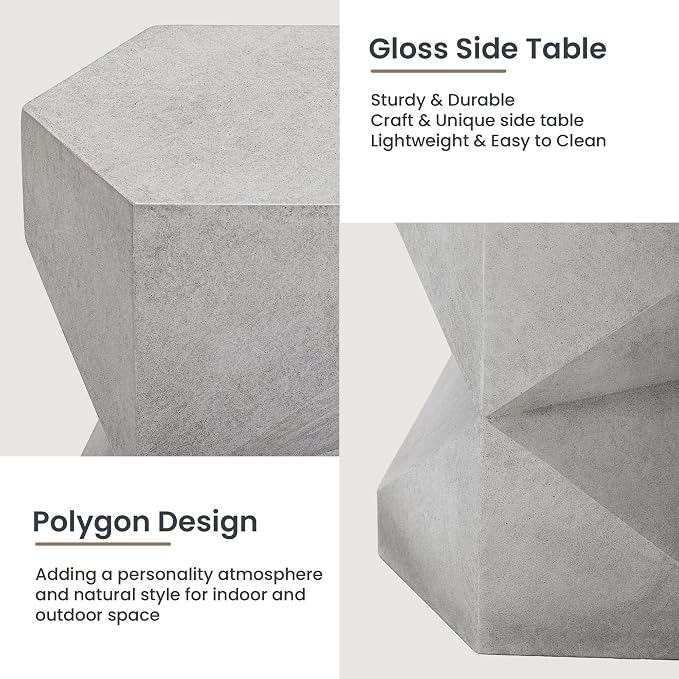 HOMPUS Outdoor Side Table Polygonal, Concrete End Table Hexagonal w Gloss Finish, Patio Accent Table Modern Design Home Decor, MgO Coffee Table for Living Room, Garden, Backyard, Grey