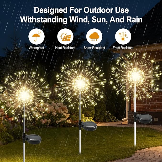 Solar Garden Lights Outdoor, 2 Pack 120 LED Twinkling Firework Lights Decorative with 2 Modes, Outdoor Waterproof Solar Starburst Light for Yard Pathway Planter Patio Decor, Warm White