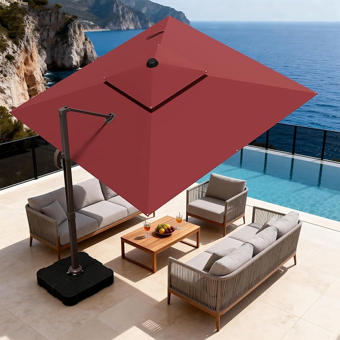 10x10Ft Patio Umbrella Outdoor Cantilever Rectangle Umbrella, 6-Level Tilt & 360° Rotation Offset Umbrella for Garden, Deck, Pool(Red)
