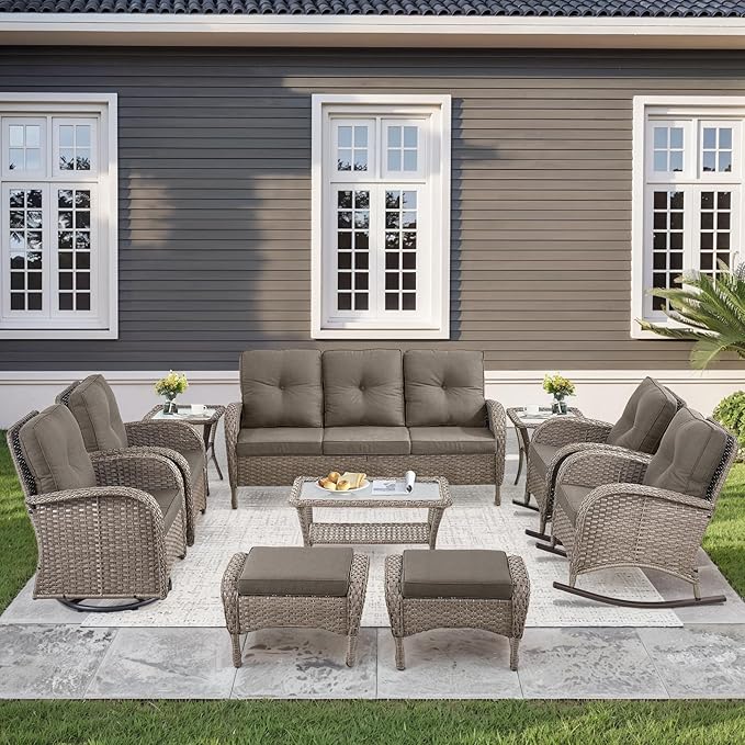 10-Piece Patio Furniture Set-Patio Rocking Chairs Set of 4 Outdoor Rattan Sofa Sets with Coffee Table Outdoor Patio Furniture Sets for Deck Porch Garden Balcony Poolside-Grey/Grey