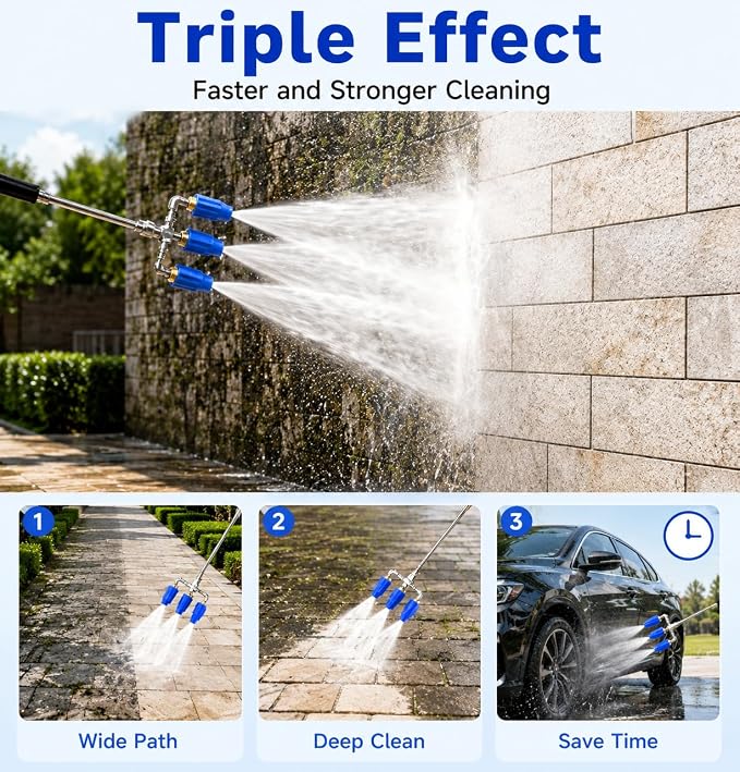 Triple Turbo Nozzle Pressure Washer, 360° Rotating Pressure Washer Nozzle 4000 PSI with 1/4" Quick Connector, 2.0 Orifice 3-In-1