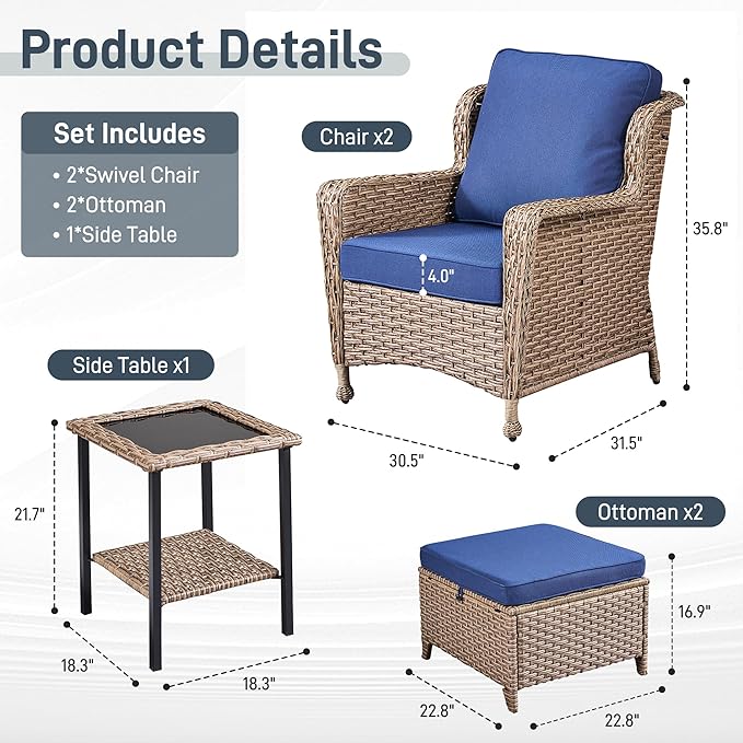 5 Piece Patio Furniture Set with Ottomans, PE Wicker Outdoor Chairs with Cushions & Tempered Glass Table, Space-Saving Balcony Furniture Set for Porch, Garden, Backyard, Blue