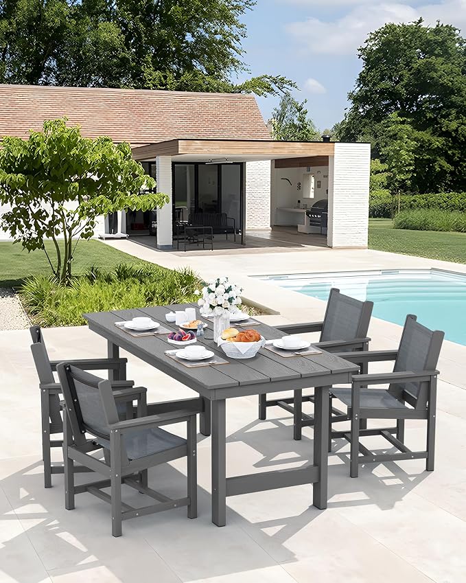 SERWALL 5 Pcs HDPE Patio Dining Set with 1 Table & 4 Woven Chairs, Black | HDPE Outdoor Dining Set with Rectangular Table & 4 Woven Chairs, All-Weather Patio Dining Furniture