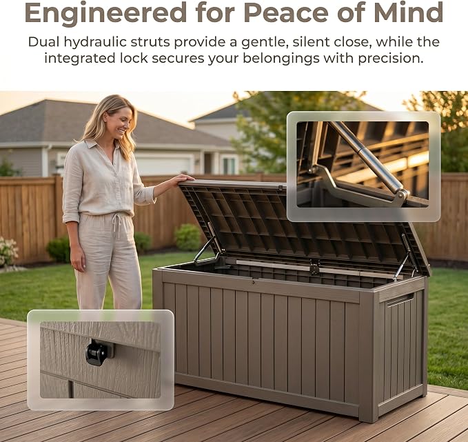 270 Gallon Extra Large Deck Box Outdoor, Resin Storage Box Outdoor Waterproof, Lockable Garden Storage Bench, Holds Patio Furniture, Pool Supplies & Equipment, Hydraulic Rod, UV-Proof, Gray Brown
