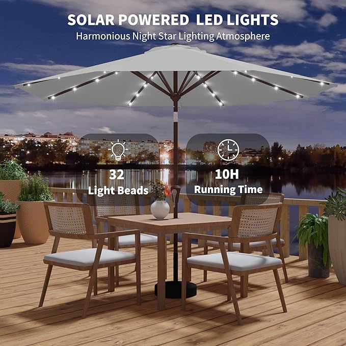 Kingdura 9FT Outdoor Patio Umbrella with Solar Lights, Market Table Umbrella with Push Button Tilt & Crank, 8 Sturdy Ribs, 32 LED Lights, UV Protection for Garden Lawn Deck Backyard Pool (Light grey)