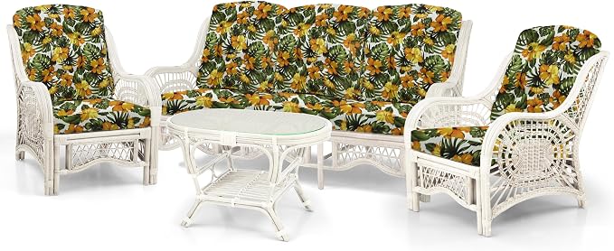 Malibu Lounge Set of 4: 2 Natural Rattan Wicker Chairs, Three-Seater Sofa with Floral Cushions and Coffee Table with Glass Handmade, White Color