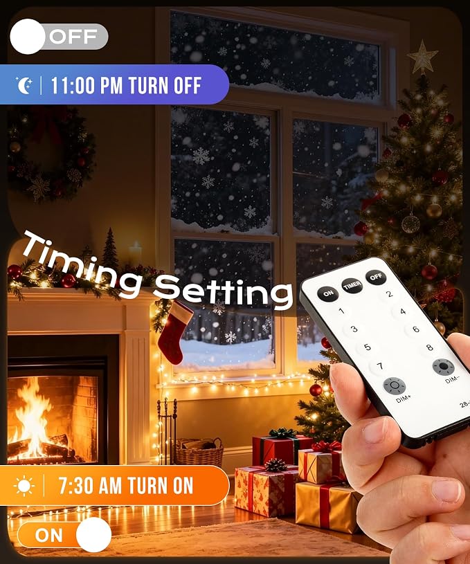 99ft 100 LED Warm White Christmas Fairy String Lights, Remote | 8 modes with timer function; perfect for indoor or outdoor house, bedroom & room aesthetic decoration or holiday party decor.