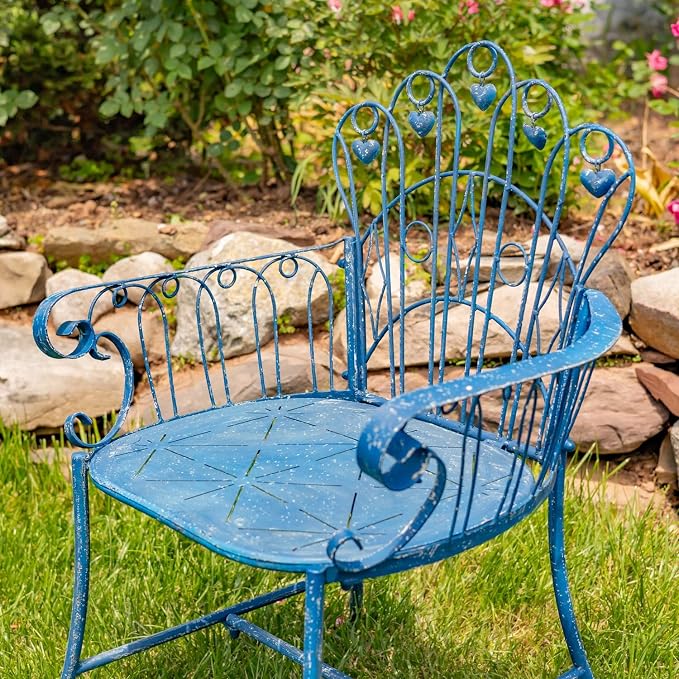 Zaer Ltd. Vintage Style Metal Patio Furniture with Heart Design Accents, Outdoor/Indoor Decor (Vintage Blue, Arm Chair)