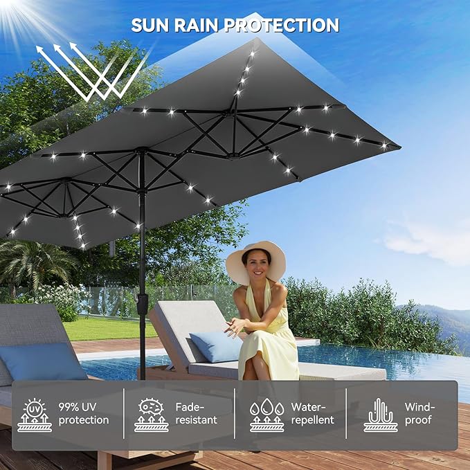 15×15ft Outdoor Patio Umbrella, Double Sided Market Rectangle Umbrella with Crank Handle, Large Sun Shade for Outside Deck, Backyard, Garden