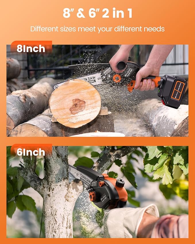 Mini Chainsaw with 1500W Brushless Motor, 2x 4000mAh Batteries 8 inch & 6 inch Handheld Small Chain Saw for Wood Cutting, Gardening Gifts for Father Dad Men
