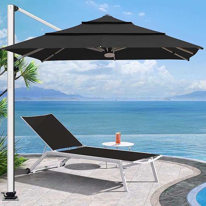 EliteShade USA APOLLO 3-Tier 10x10FT Full Aluminum Cantilever Patio Umbrella for Outdoor restaurant Garden Courtyard Deck Pool and Marketing with Light,Black