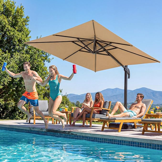 LAUSAINT HOME Cantilever Patio Umbrella, 360° Rotating Offset Umbrella with Aluminum Frame, Large Square Sunshade for Backyard, Pool, Deck, Lawn (Square, Khaki)
