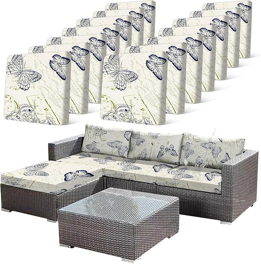 CALBODE 14pcs Outdoor Printed Sofa Seat Cushion Covers Strechable, Waterproof Elastic Half-Covered Sofa Covers Washable Reusable Patio Furniture Protector（Butterlfy, Cover Only）