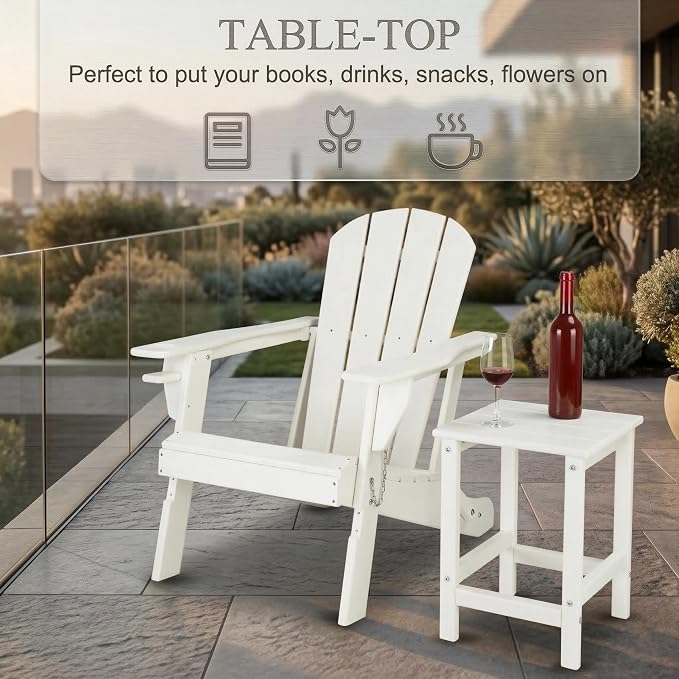 Outdoor Side Table, Square HDPE Patio End Table, Weather Resistant Adirondack Side Table for Porch, Garden, Backyard, Poolside, Waterproof Small Slat Accent Table, 14 Inch, White