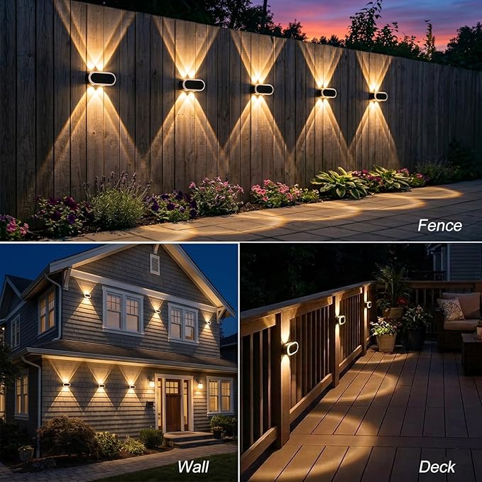 Solar Fence Lights Outdoor: IP65 Waterproof Wall Lighting with Dual Focused LED Up Down - 3000K/4000K/6000K 10-12H Lasting - Easy to Install for Backyard Patio Porch 8 Pack