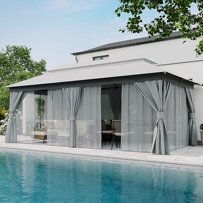 LAUSAINT HOME Patio Gazebo 10'x20', Outdoor Heavy Duty Party Tent Shelter with Double Roofs, Mosquito Nettings and Privacy Screens for Backyard, Garden, Lawn, Gray