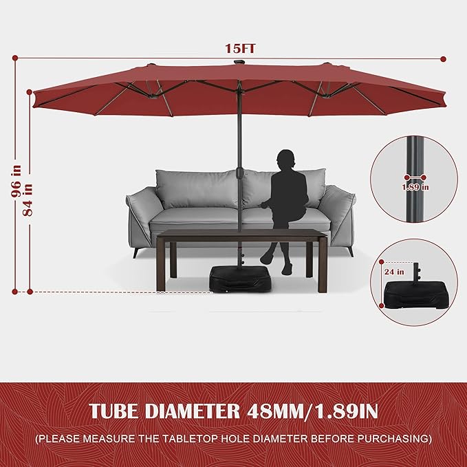 Sundale Outdoor Solar 144 LED 15 ft Patio Umbrella with Sandbag Base Included and Cover, Outdoor Double-Sided Umbrella with Lights
