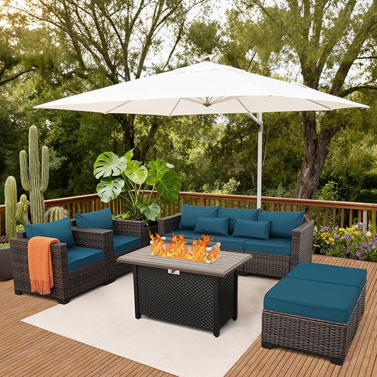 6 Pieces Outdoor Furniture 60000BTU Outdoor Propane Fire Pit Wicker Patio Furniture Set 45" Steel Fire Table Anti-Slip Cushions Waterproof Covers, Peacock Blue