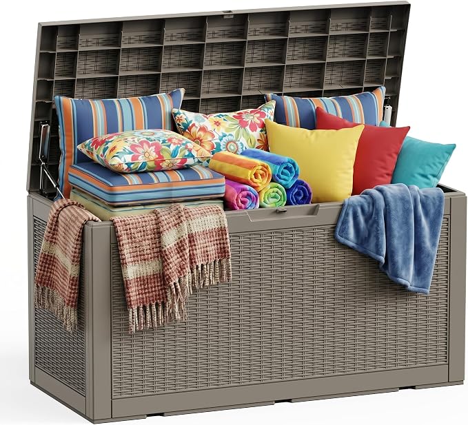 ROJIK 120 Gallon Waterproof Outdoor Deck Storage Box, Lockable Resin Patio Storage Bin with Lid for Garden Tools, Patio Cushions & Outdoor Accessories(Grey)