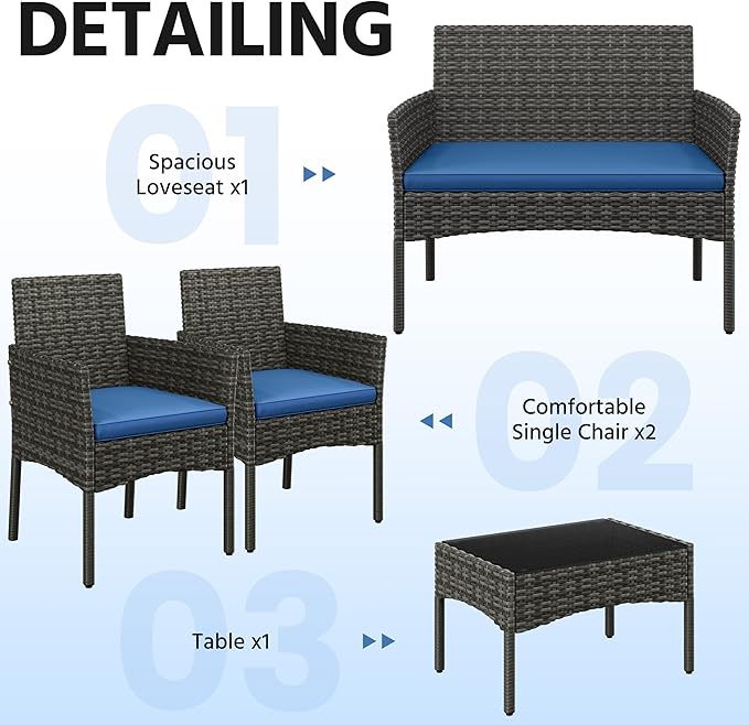 Yaheetech Patio Furniture Set 4 Pieces Conversation Sets, Rattan Chair Wicker Set Loveseat with Soft Cushion and Glass Table for Backyard Porch Garden Poolside Balcony, Gray and Dark Blue