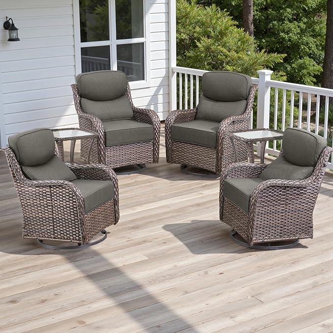 Rilyson Outdoor Patio Furniture Set - Weather Resistant Wicker,High Back,6 inch Cushions,6 Piece Patio Furniture Set with Swivel Rocker Chairs and Side Table for Deck Porch Yard,Brown/Grey