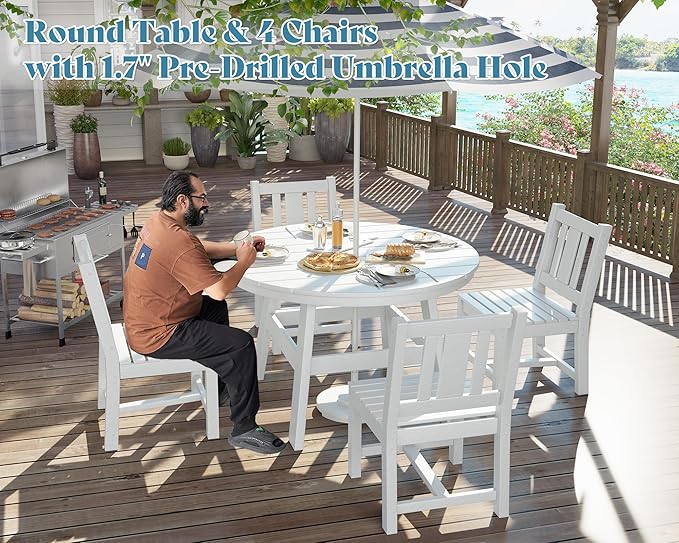 AMERLIFE 5 Piece HDPE Patio Dining Table Set, All-Weather Outdoor Table and Chairs Set Furniture with Umbrella Hole for Garden, Backyard, Poolside, Seaside, White