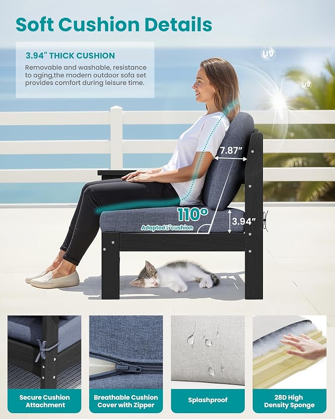 SERWALL HDPE Patio Furniture Set,7 Pieces Patio Conversation Set, All-Weather Modular Patio Sofa Set with Removable Cushions and Coffee Table for Deck, Garden, Porch, Black Frame with Grey Cushion