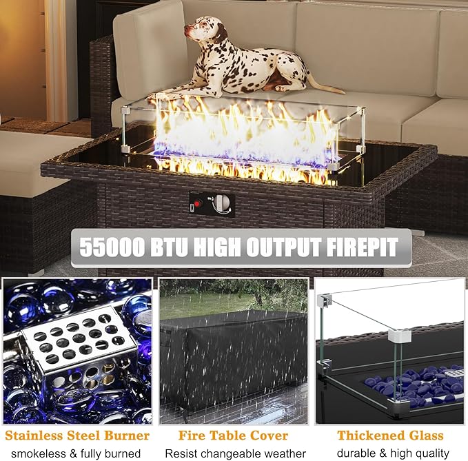 LayinSun 8 Pieces Outdoor Patio Furniture Set with 44" Fire Pit Table Brown Rattan Sectional Sofa Conversation Sets