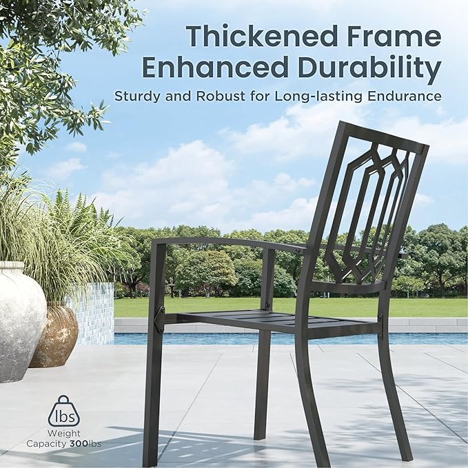 PHI VILLA 7 Piece Outdoor Dining Set for 6, 60” Rectangular Metal Steel Table with Umbrella Hole & Stackable Chairs, Heavy-Duty Furniture Set for Patio, Deck, Yard, Porch - Black
