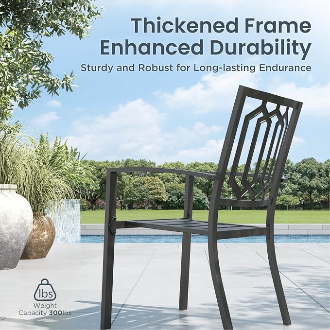 PHI VILLA 5 Pcs Outdoor Dining Set for 4& Round Metal Table | Wrought Iron Circle Table with Umbrella Hole & Stacking Metal Chairs, Modern Furniture Set for Patio, Deck, Backyard, Porch