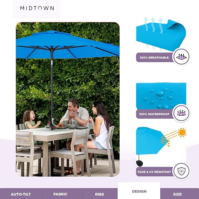 Midtown Umbrellas – The Swilt 10 Ft Patio Umbrellas with 360° Swivel & Tilt Mechanism, 8 Fiberglass Ribs & Terylast Polyester Fabric for Backyard, Deck, Pool & Cafes - Cobalt Canopy, Black Pole