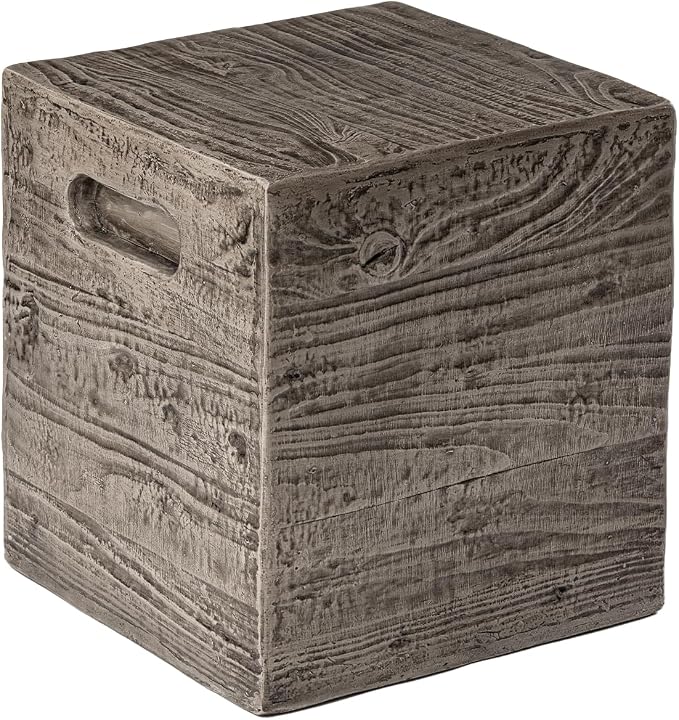 SUNBURY Outdoor Side Table, Faux Wooden Concrete Side Table, Square Lightweight End Table, Patio Accent Stump Stool Decorative for Planter Stand, Deck or Garden, Antique Black