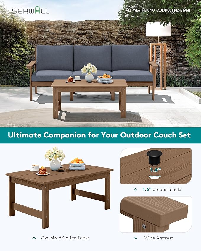 SERWALL HDPE Patio Sofa Set, 4-piece Outdoor Sectional Furniture Set, All Weather Outdoor Couch Set Patio Furniture Set for Deck, Lawn, Brown Frame with Grey Cushion