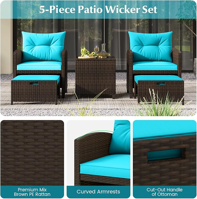 COSTWAY 5-Piece Rattan Conversation Set, Outdoor Wicker Sofa, Tempered Glass Coffee Table & Ottomans for Small Space, Boho Chic Indoor/Outdoor Furniture Set for Poolside, Backyard, Deck (Turquoise)