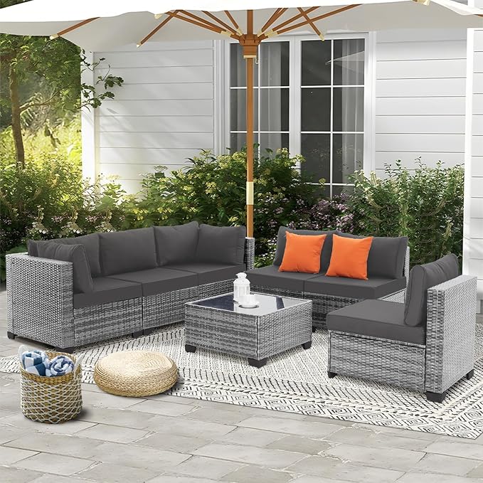 FHFO 14 Piece Outdoor Wicker Patio Furniture Set, Grey/Dark Grey | Sectional Sofa | All-Weather Hand-Woven Rattan | Tempered Glass Coffee Table | Free Combination | Indoor & Outdoor Use