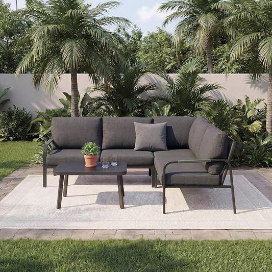 4-Piece Aluminum Outdoor Furniture Set with Coffee Table – 2-Seat Sofa with Cushions, All-Weather Metal Frame, Perfect for Patio, Garden, and Balcony,Beige (Grey, Corner Sofa Set)