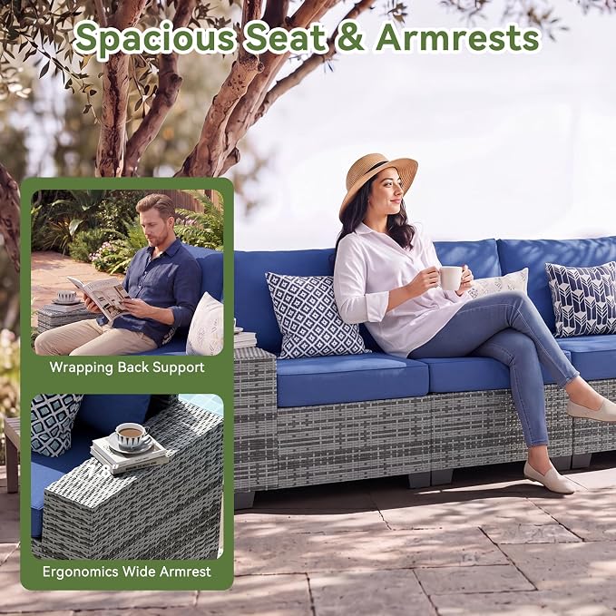 LazySunsets 10 PCS Patio Furniture Set with 44'' Fire Pit Table, Outdoor Sectional All-Weather Wicker Conversation Set with Swivel Rocker Chairs, 4'' Thick Cushions for Backyard Poolside, Navy/Grey