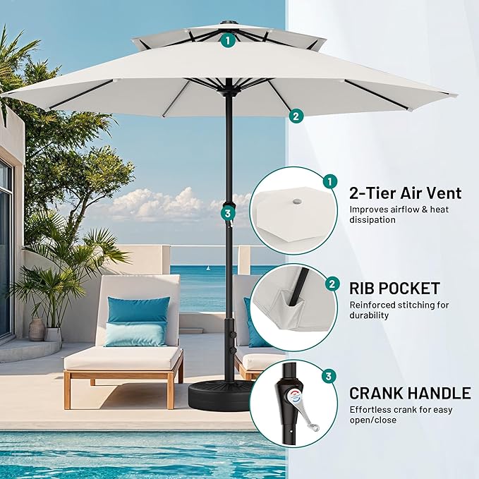 AreShark 11ft 2 Tiers Patio Umbrella - Outdoor Umbrella Waterproof UV Protection, Market Table Umbrella w/ 8 Sturdy Ribs&Crank for Pool, Porch, Garden(Ivory)