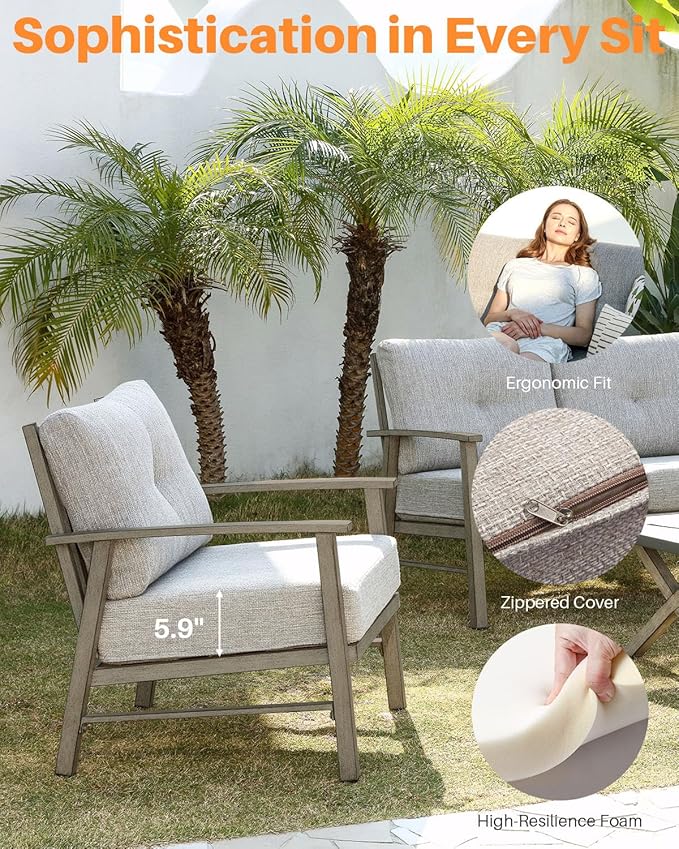 Aluminum Outdoor Patio Furniture Set, 4 Piece Patio Conversation Sets with Washable Thick Cushions, Weather-Resistant Outdoor Sectional Sofa Couch Sets for Poolside, Backyard, Limed Oak