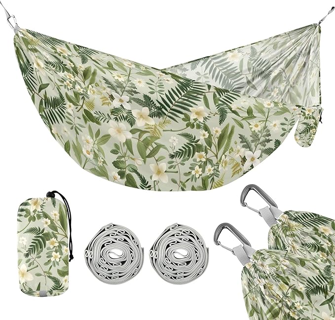Camping Hammock Outdoor Hammocks for Outside Green Plant Flowers Beach Trees Portable Lightweight with Pockets Tree Straps Indoor