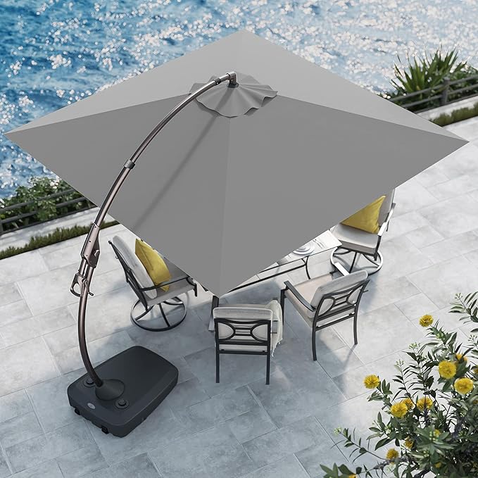 Grand patio 10x10 FT Patio Offset Umbrella, Large Square Aluminum Cantilever Umbrella Base Included for Deck Porch (Gray, 10x10 FT)