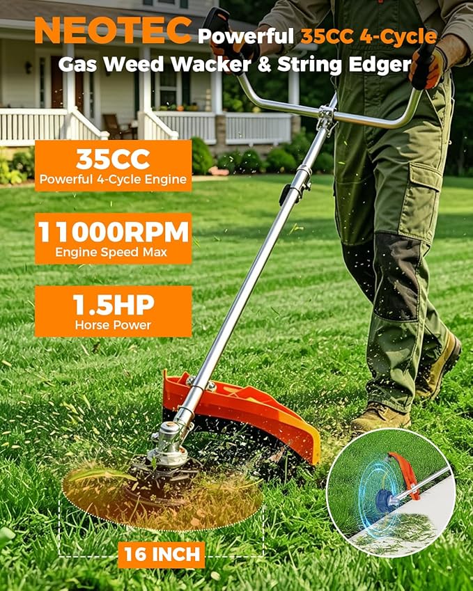NEO-TEC 35cc 4-Cycle Gas String Trimmer 4-in-1 Heavy Duty Gas Weed Eater, 1.5HP Weed Wacker 9"Brush Cutter Powerful 16"Grass Trimmer with Shoulder Strap,Lightweight Stable Weed Trimmer for Tough Yards