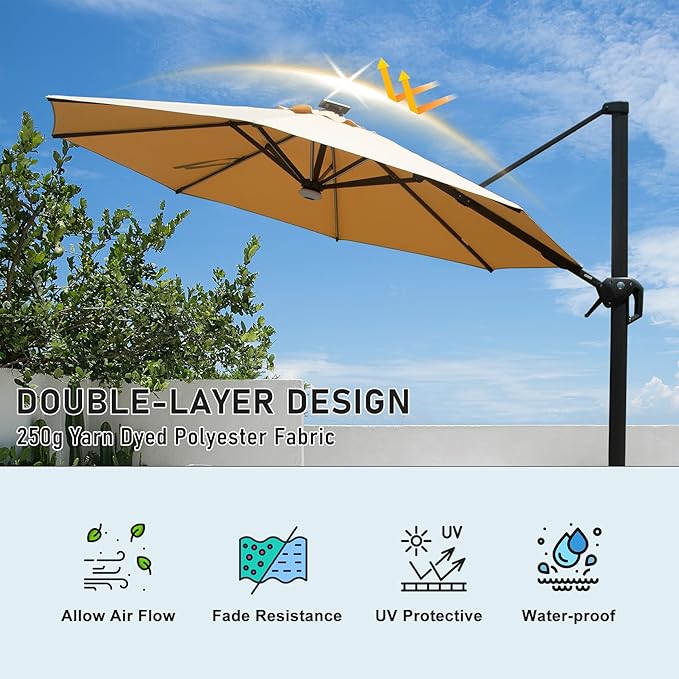 Domi 10FT Cantilever Patio Umbrella Solar Powered LED Round Deluxe Offset Umbrella, Aluminum Hanging Umbrella with 360°Rotation, Outdoor Market Umbrella for Outside Deck Backyard Garden Pool, Beige