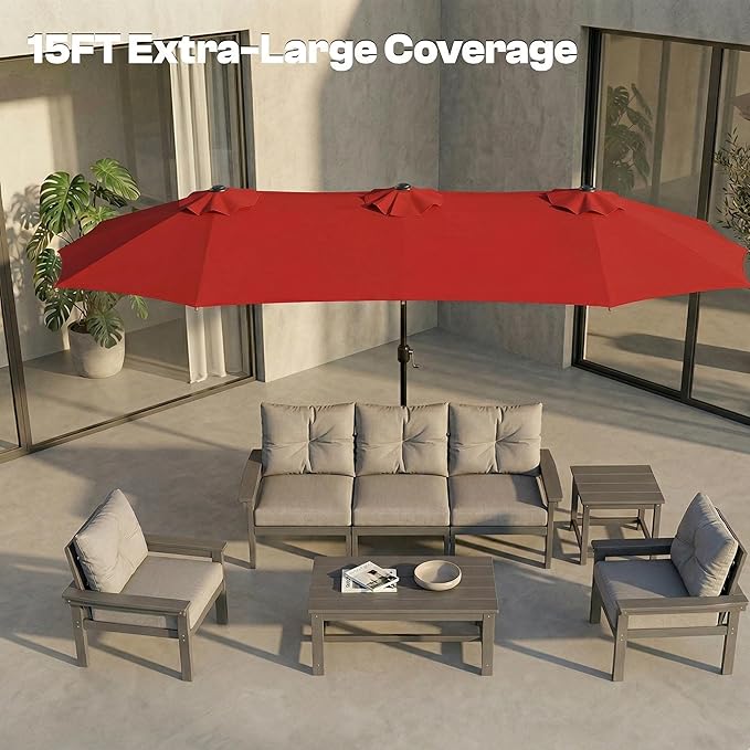 15FT Large Outdoor Patio Umbrella with Solar Lights and Base, Double-Sided Table Umbrellas with 48 LED Lights, Rectangle Market Umbrella for Pool, Deck, Backyard