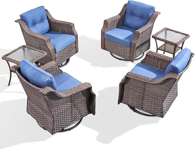 Outdoor Swivel Rocking Chair Set（ 6-Piece ）,All-Weather Wicker Rocking Chair Combination PE Rattan with Elegant Side Table Ideal for Courtyards, Balconies, Patios, and Porches Brown/Blue