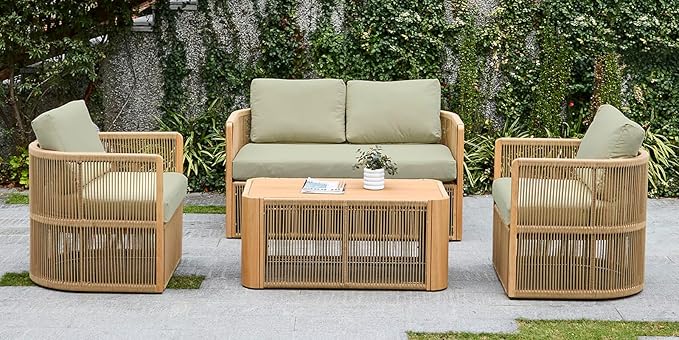 Sectional Patio Set, Modern Aluminum & Rope Outdoor Sofa Set with Cushions, Patio Conversation Set, 4 Piece Patio Furniture, Balcony Furniture Chair Set All Weather, Green