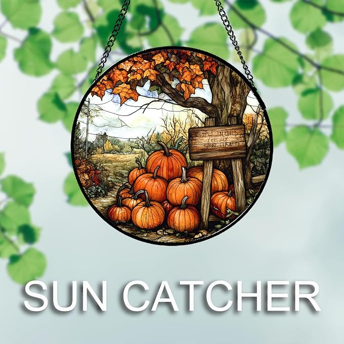 DASTOLL Stained Glass Window Hanging Fall Farm Scenery Maple Trees Pumpkin 7.8" - Suncatcher Door Garden Kitchen Sun Catcher Autumn Decor Birthday for Mom Nana Men Woman Friend