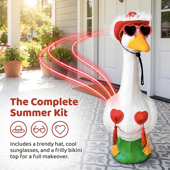 Funny Porch Goose Summer Decor Set Hat, Sunglasses & Tassel Skirt for 17'' & 24'' Lawn Geese Outdoor Yard Decoration (Heart Fringe)