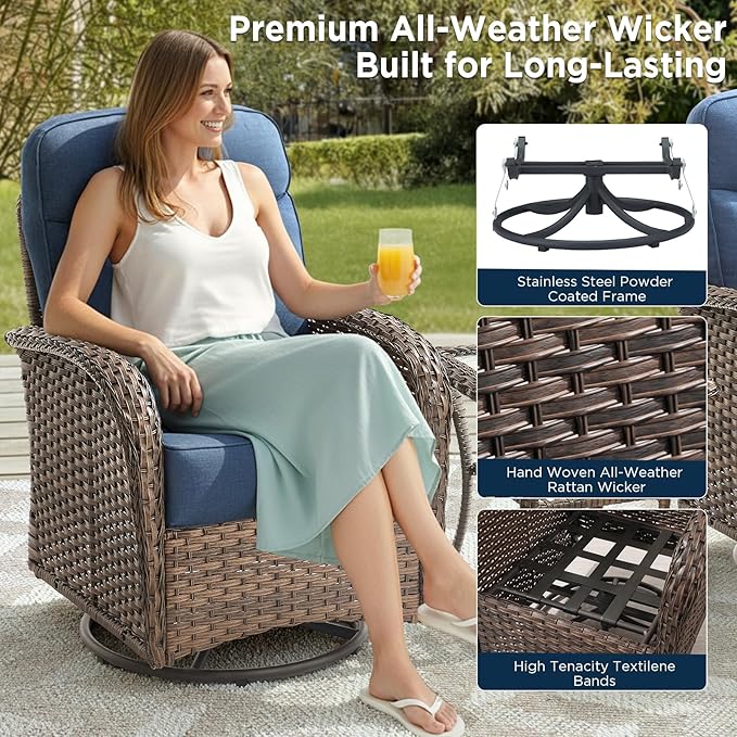 Luxury Outdoor Patio Furniture Set with 6-Inch Thick Cushions, 6 Pieces All-Weather Wicker Outdoor Furniture with Outdoor Rocking Chair, Outdoor Patio Conversation Sets for Garden Porch Deck, Blue